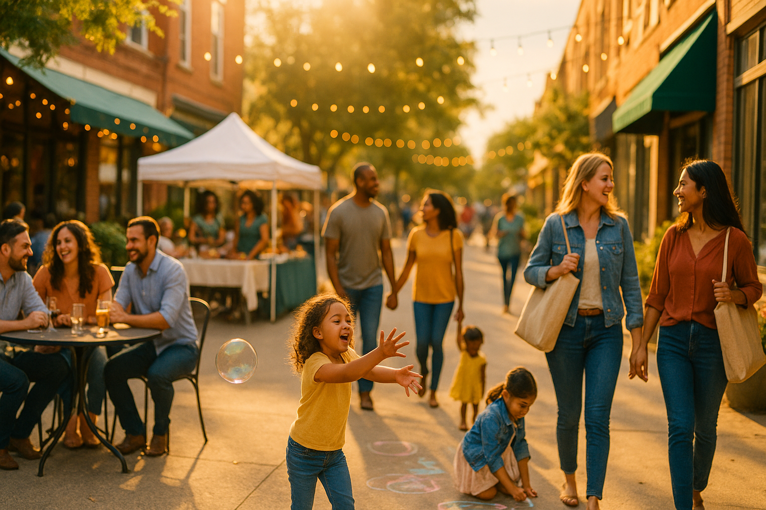 Happy families enjoying local restaurants and community events in bright natural light